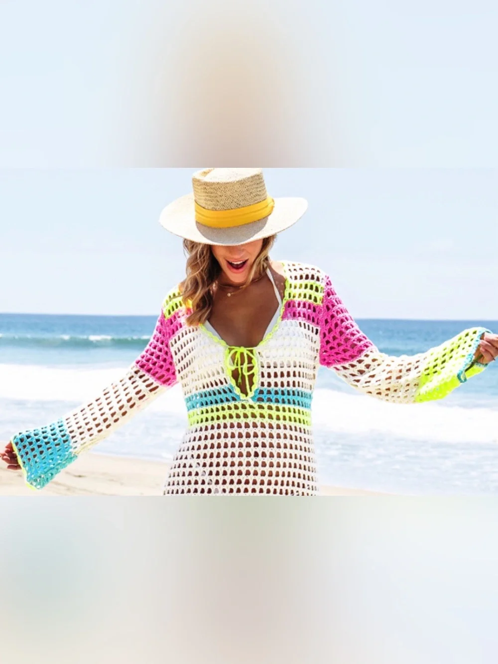 Popvil Color Contrast Patchwork Cover-Ups - Picture 3 of 9